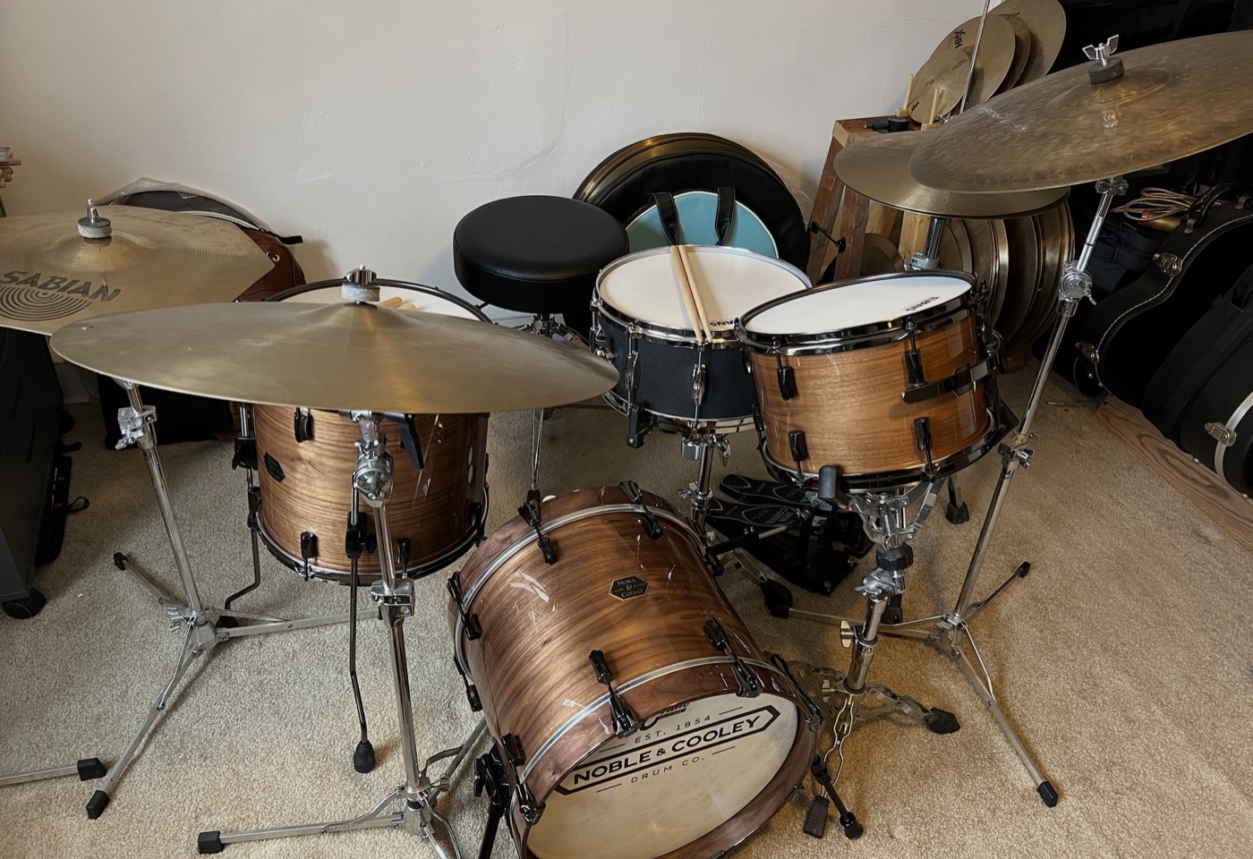 Noble & Cooley Walnut Classic drum kit with Sabian cymbals