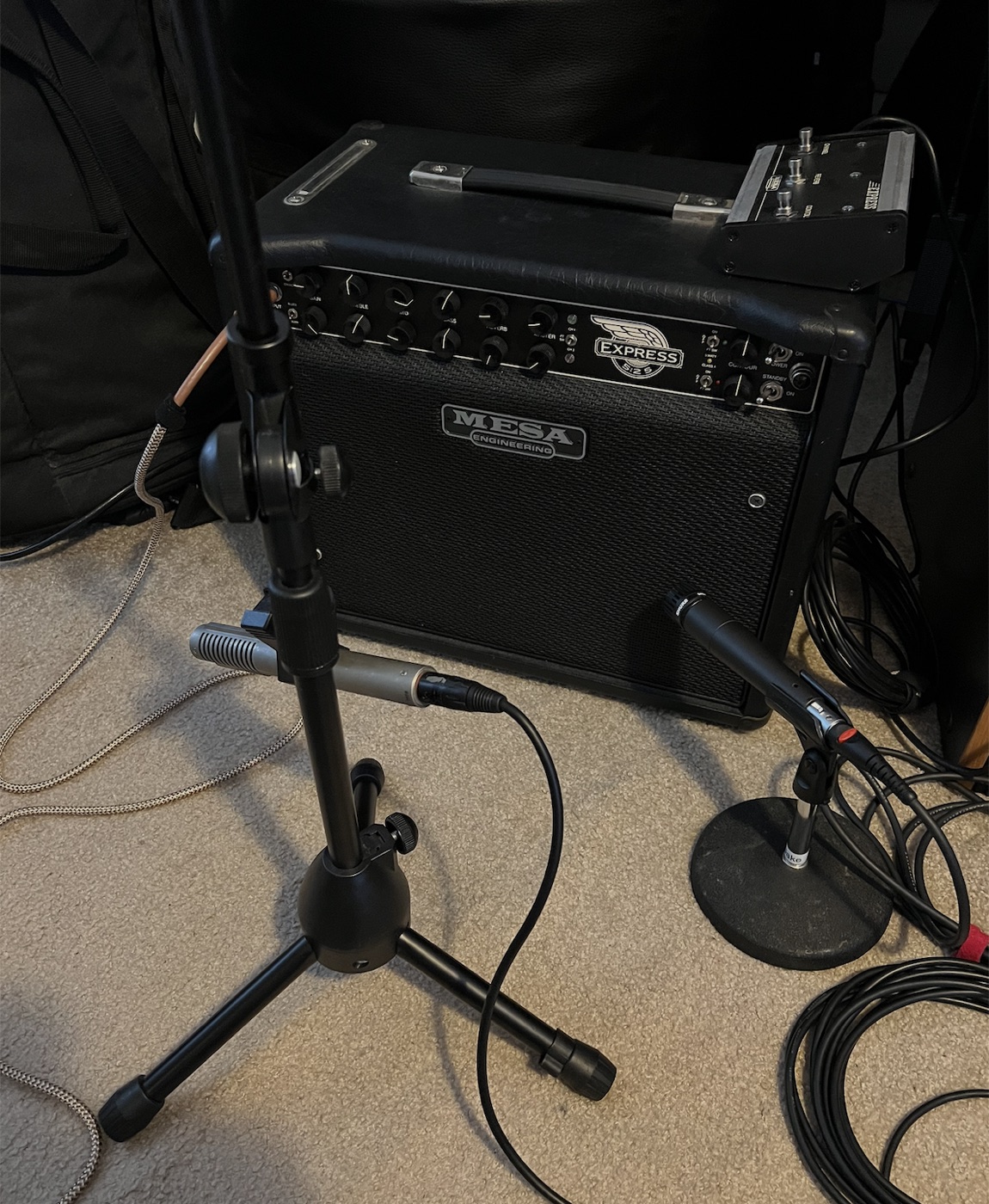 Mesa Boogie Express amp mic'd up with two microphones for recording