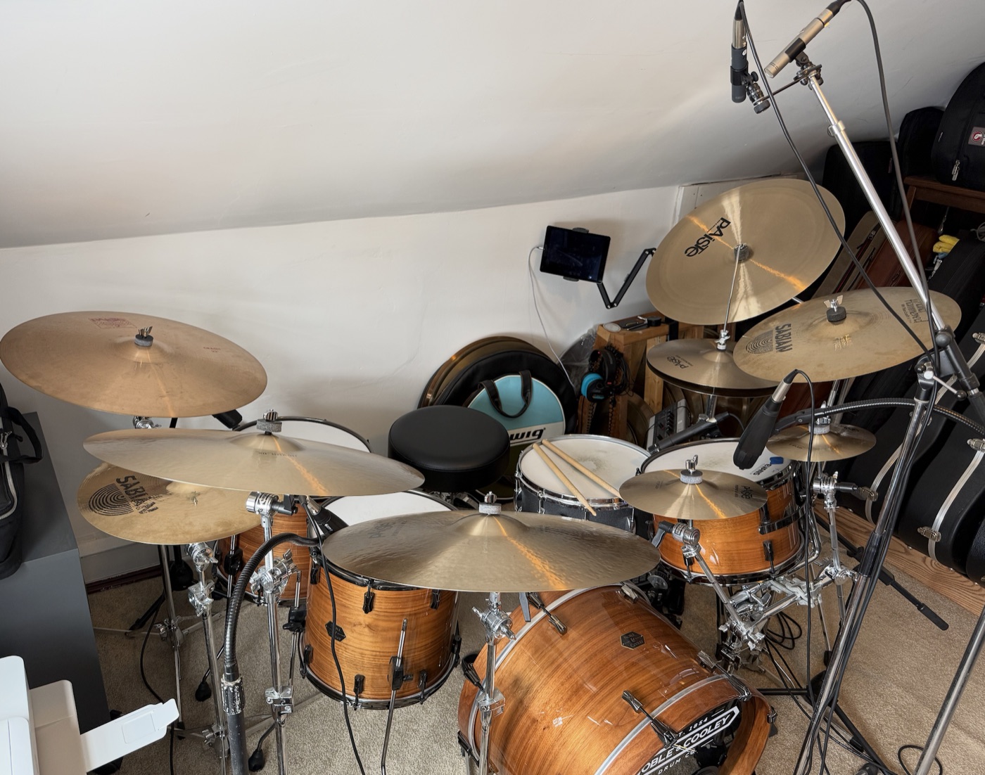 Drum kit mic'd up and ready for a recording session in the studio